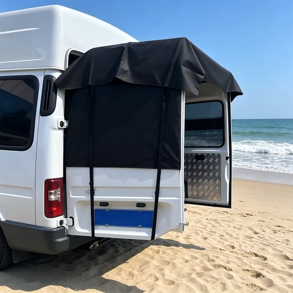 Rear Door Sun Shade Awning - Waterproof Windproof Nylon Campers Van Tailgate Cover, Heavy Duty Fabric Protection, Block Harmful Rays Reduce Interior Heat, Black, Ccwuwei