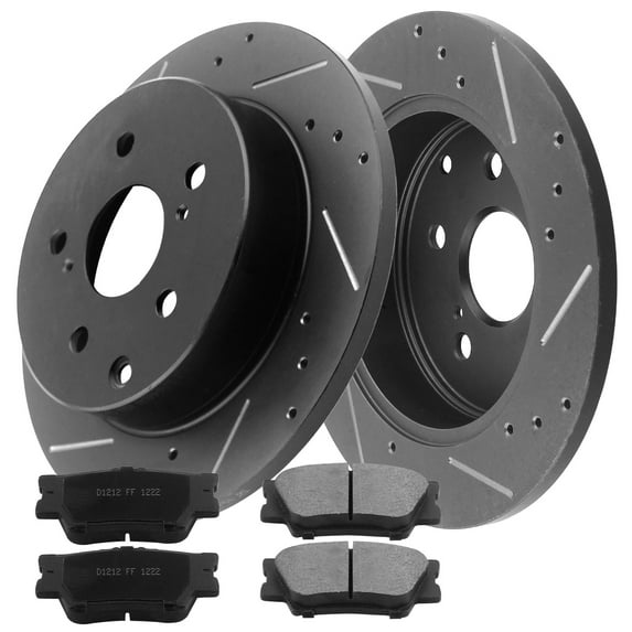Rear Drilled & Slotted Disc Brake Rotors + Ceramic Pads + Cleaner & Fluid Fits for 2006-2018 Toyota Rav4 (All Models), 2010-2012 Lexus HS250H