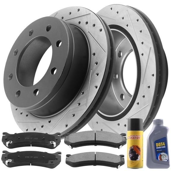 Rear Drilled Slotted Disc Brake Rotors + Ceramic Brake Pads w/Cleaner & Fluid Fit for Chevy Avalanche Silverado 2500 3500 (HD) Suburban 2500, GMC Sierra 2500 (HD) 3500 Yukon XL 2500