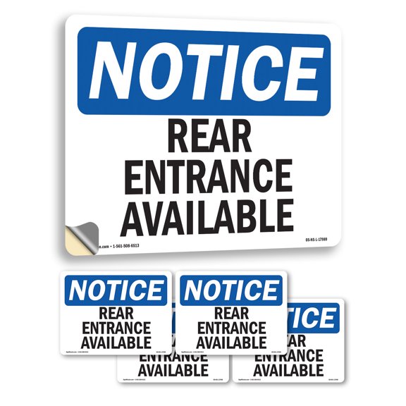 Rear Entrance Available OSHA Notice Vinyl Decal Label 7 Inch x 5 Inch - 5 Pack