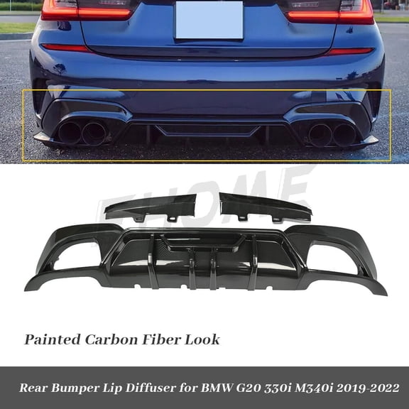 Rear Lower Carbon Fiber Look Bumper Diffuser for BMW 3 G20 G21 330i M340i 2019 2020 2021 ABS PP No LED Not Fit M340i Stock Exhaust