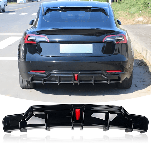 Rear Lower Lip Diffuser Protector Bumper Lip Spoile LED Gloss Black For Tesla Model 3 2019-2023,