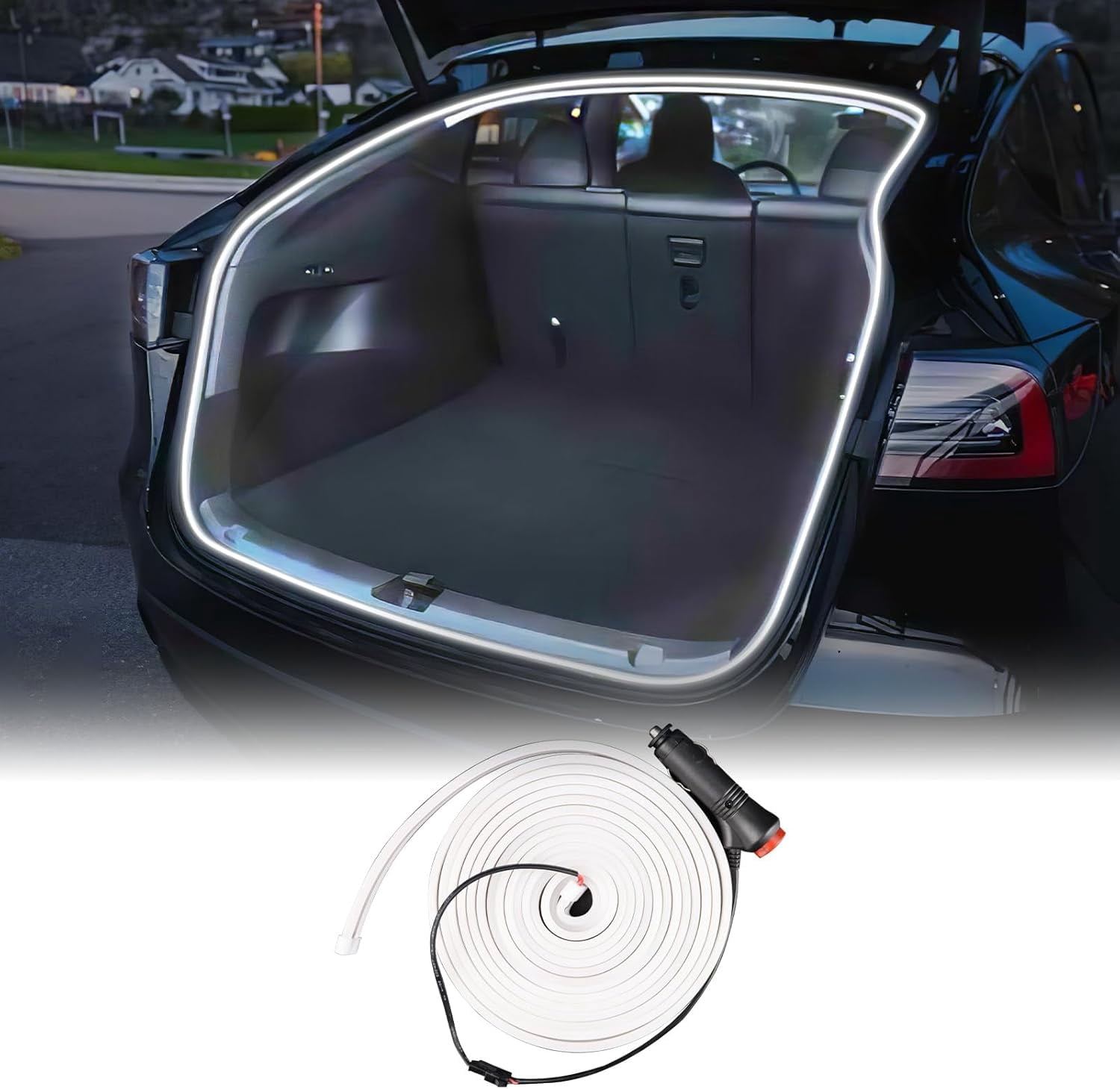 Rear Trunk LED Light Strip for Tesla Model Y Juniper 2021-2025 - Silicone Rear Trunk Accessories with Magnetic Induction Switch, Waterproof Ambient Light (DC 15V, Cool White)
