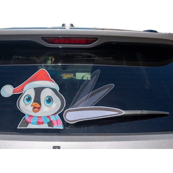 Rear Vehicle Car Window Animated Moving Wiper Blade Tag Decal Sticker & Hand - Christmas Holiday - Miss Penguin