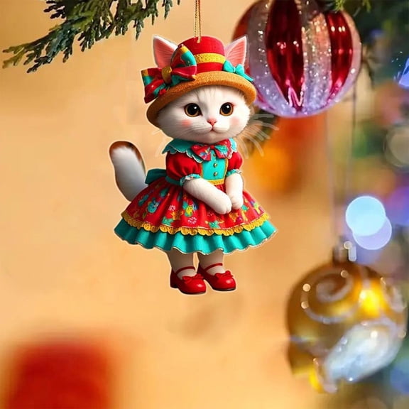 Rear View Car Mirror Hanging Accessories 2D Cute Wearing Cat Car Rearview Mirror Hanging Ornament Cat Charm Keychains Christmas Tree Hanging Ornament Keyring Backpack Decor for Women Girls B