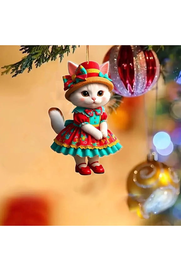 Rear View Car Mirror Hanging Accessories 2D Cute Wearing Cat Car Rearview Mirror Hanging Ornament Cat Charm Keychains Christmas Tree Hanging Ornament Keyring Backpack Decor for Women Girls B