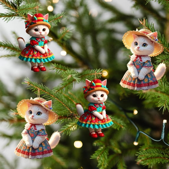 Rear View Car Mirror Hanging Accessories 2D Cute Wearing Cat Car Rearview Mirror Hanging Ornament Cat Charm Keychains Christmas Tree Hanging Ornament Keyring Backpack Decor for Women Girls 4PC