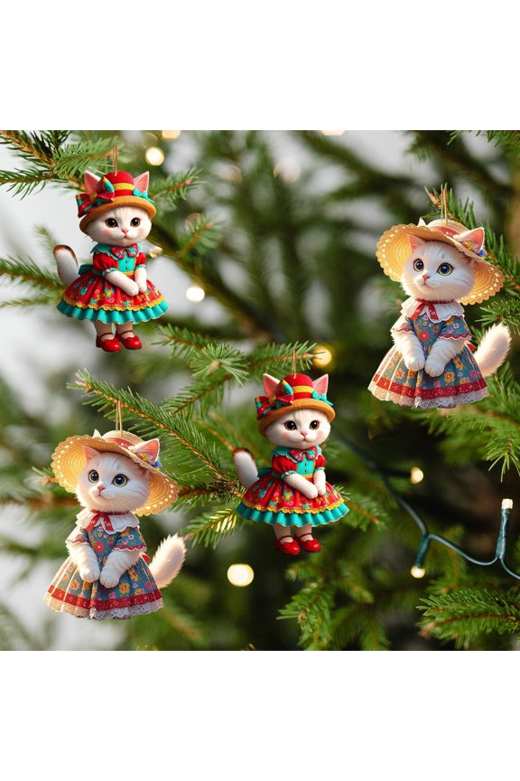 Rear View Car Mirror Hanging Accessories 2D Cute Wearing Cat Car Rearview Mirror Hanging Ornament Cat Charm Keychains Christmas Tree Hanging Ornament Keyring Backpack Decor for Women Girls 4PC