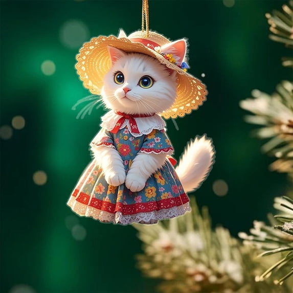 Rear View Car Mirror Hanging Accessories 2D Cute Wearing Cat Car Rearview Mirror Hanging Ornament Cat Charm Keychains Christmas Tree Hanging Ornament Keyring Backpack Decor for Women Girls A