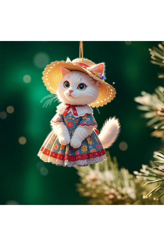 Rear View Car Mirror Hanging Accessories 2D Cute Wearing Cat Car Rearview Mirror Hanging Ornament Cat Charm Keychains Christmas Tree Hanging Ornament Keyring Backpack Decor for Women Girls A
