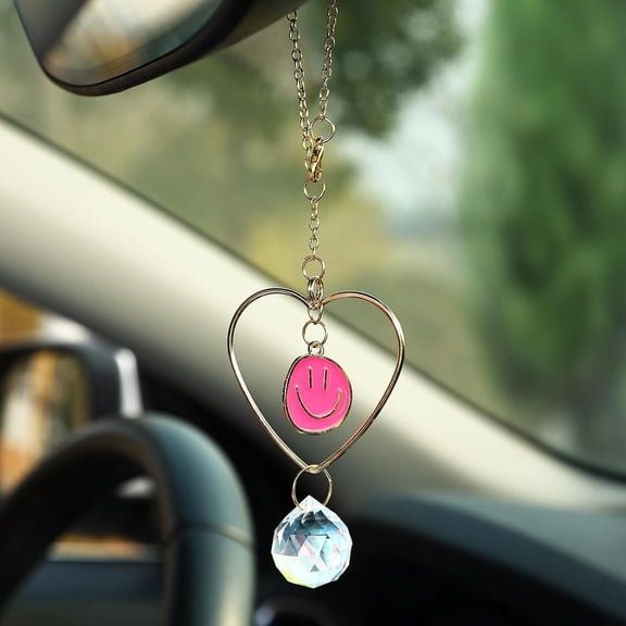 Rear View Mirror Accessories, Rose Smiley Boho Ornament Rearview Decor Charm Beaded Heart Swinging Interior Decor for Women Men