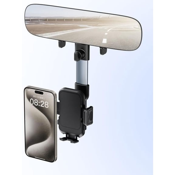 Rear View Mirror Phone Holder, 2025 Blue Panoramic 11.8'' Rearview Mirror with 360? Adjustable Phone Holder for SUV , 2 in 1 Cell Phone Mount for Android Smartphone