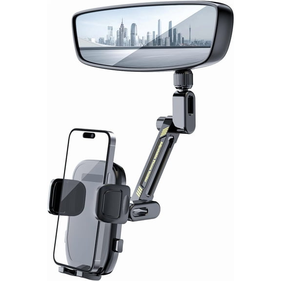 Rear View Mirror Phone Holder for Car, Aluminum Alloy Rearview Mirror Cellphone Holder Car Mount with Metal Body, Rotatable and Retractable Adjustable Rearview Car Phone Cradle Stand Fit Smartphone