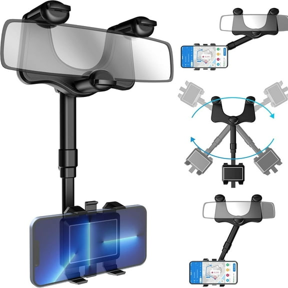 Rear View Mirror Phone Holder - Rotatable and Retractable, Universal Mount Compatible with iPhone/Samsung-Black