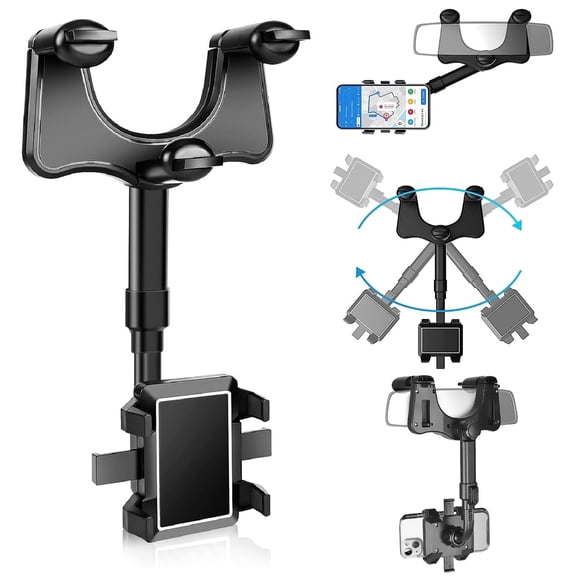 Rear View Mirror Phone Holder for Car,360Rotatable Retractable Anti-Shake Rearview Mirror Phone Holder for Most Mobile Phones and Cars