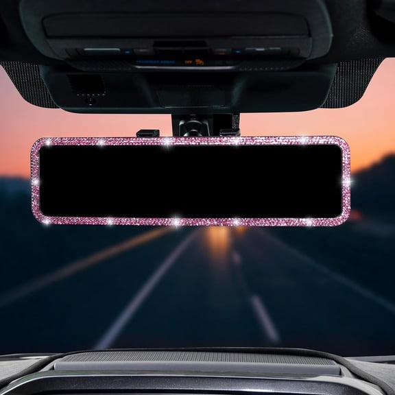 Rear View Mirror, Universal 11.81 Inch Panoramic Rearview Accessories with Bling Rhinestones Crystal Diamonds Edge, Interior Clip-on Wide Angle Rear View Mirror -Pink
