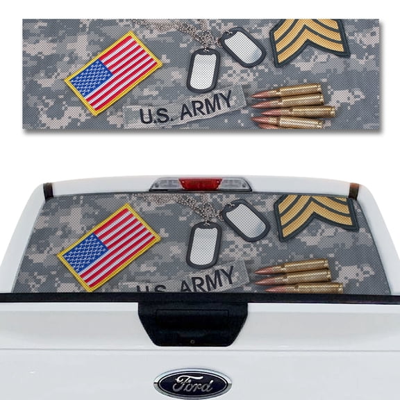 Rear Window Decal for Trucks – Army Tag 58 x 18 Inches, Weatherproof Perforated Vinyl See-Through Graphic, Fits Most Pickup Trucks & SUVs