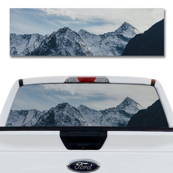 Rear Window Decal for Trucks – Frosted Mountains 65 x 20 Inches, Weatherproof Perforated Vinyl See-Through Graphic, Fits Most Pickup Trucks & SUVs
