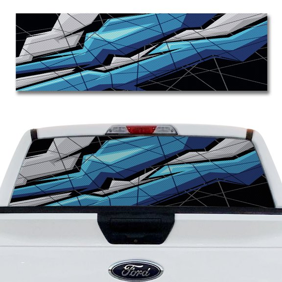 Rear Window Decal for Trucks – Polygon Grunge Blue 58 x 18 Inches, Weatherproof Perforated Vinyl See-Through Graphic, Fits Most Pickup Trucks & SUVs
