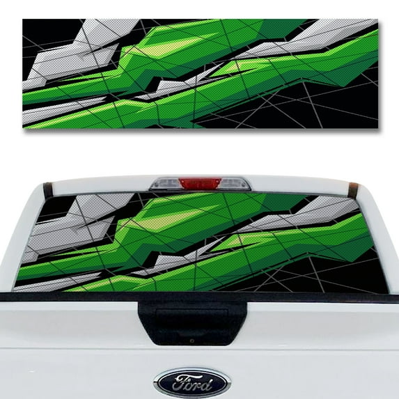 Rear Window Decal for Trucks – Polygon Grunge Green 65 x 20 Inches, Weatherproof Perforated Vinyl See-Through Graphic, Fits Most Pickup Trucks & SUVs