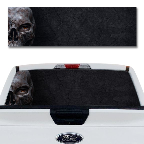 Rear Window Decal for Trucks – Skull Helmet 58 x 18 Inches, Weatherproof Perforated Vinyl See-Through Graphic, Fits Most Pickup Trucks & SUVs