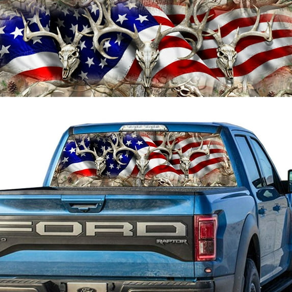 Rear Window Graphic Decal For SUV jeep PICK-UP TRUCK AMERICAN WAVING FLAG Buck Skull Oak Tree PERFORATED VINYL TINT Sticker Window Tint