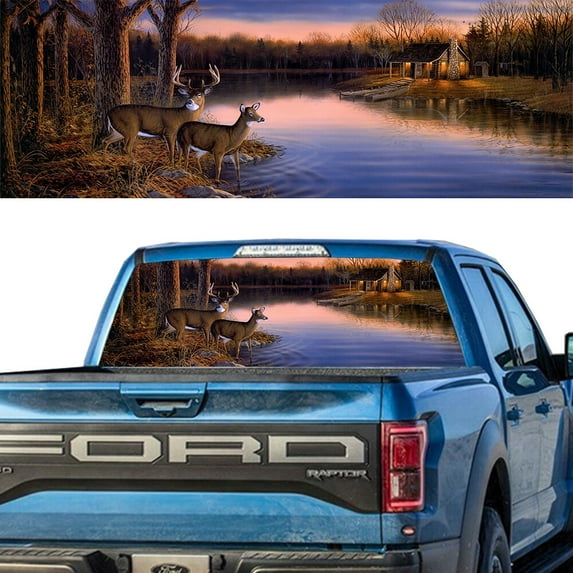 Rear Window Graphic Decal For SUV jeep PICK-UP TRUCK Deer House River at Sunset PERFORATED VINYL TINT Sticker Window Tint