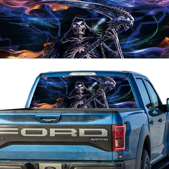 Rear Window Graphic Decal For SUV jeep PICK-UP TRUCK Grim Reaper Skulls Fire PERFORATED VINYL TINT Sticker Window Tint