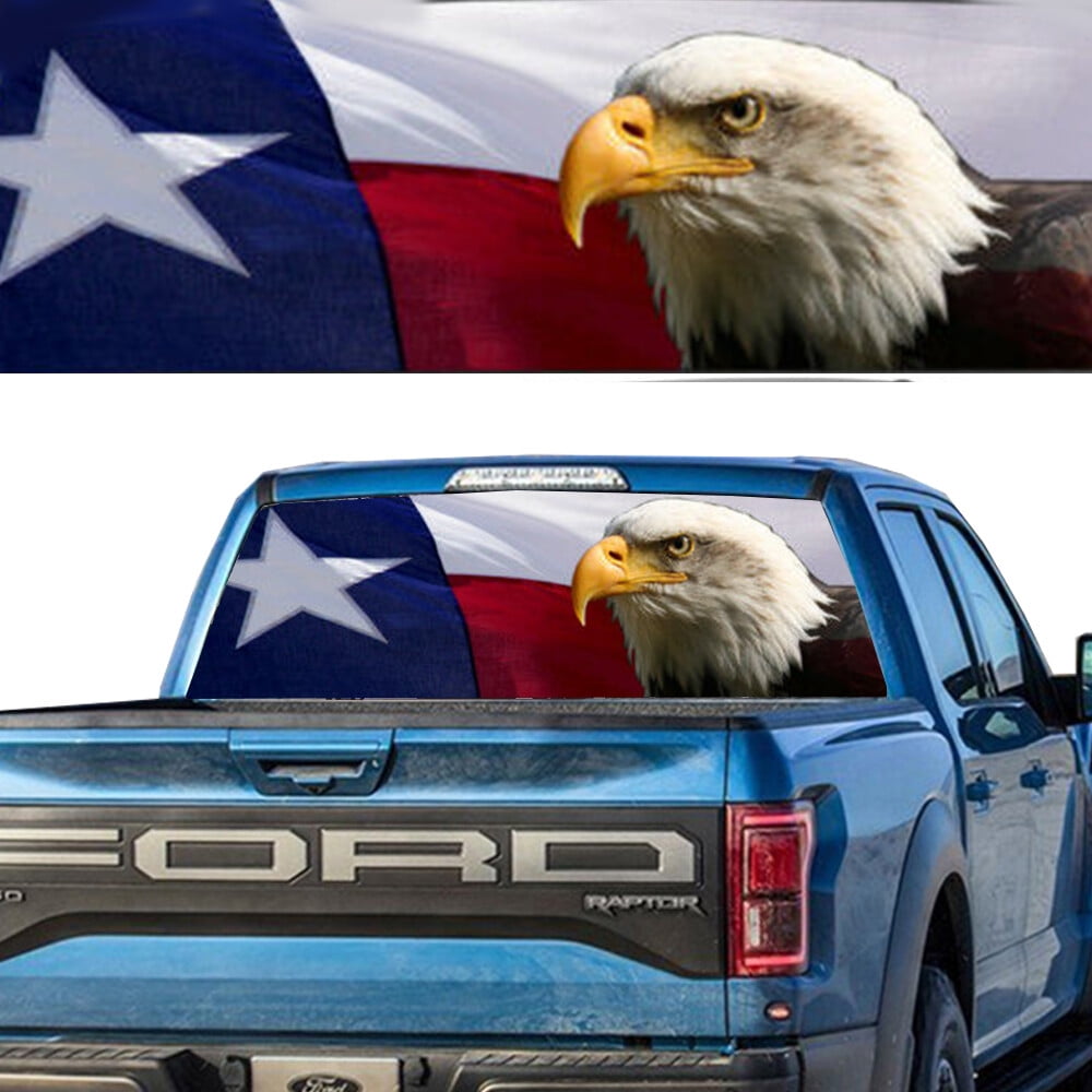 American Flag Eagle Rear Window Decal - 66x20 Inch Perforated Vinyl, See-Through Patriotic Sticker