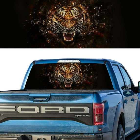 Rear Window Graphic Decal For SUV jeep PICK-UP TRUCK Tiger Breaking Glass PERFORATED VINYL TINT Sticker Window Tint