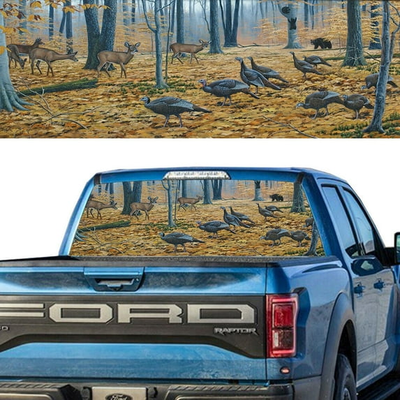 Rear Window Graphic Decal For SUV jeep PICK-UP TRUCK Wild Turkey & Deer PERFORATED VINYL TINT Sticker Window Tint