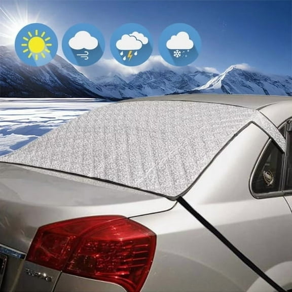 AYAMAYA Rear Windshield Snow Cover with Magnetic Edge, Waterproof Back Window Frost Cover for Ice and Snow with Magnetic Edge & Windproof Strap fits for Sedans
