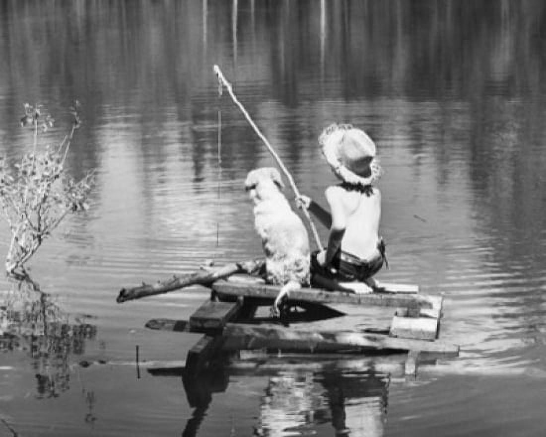 Rear view of a boy sitting with his dog and fishing in a lake Canvas Art - (24 x 36)