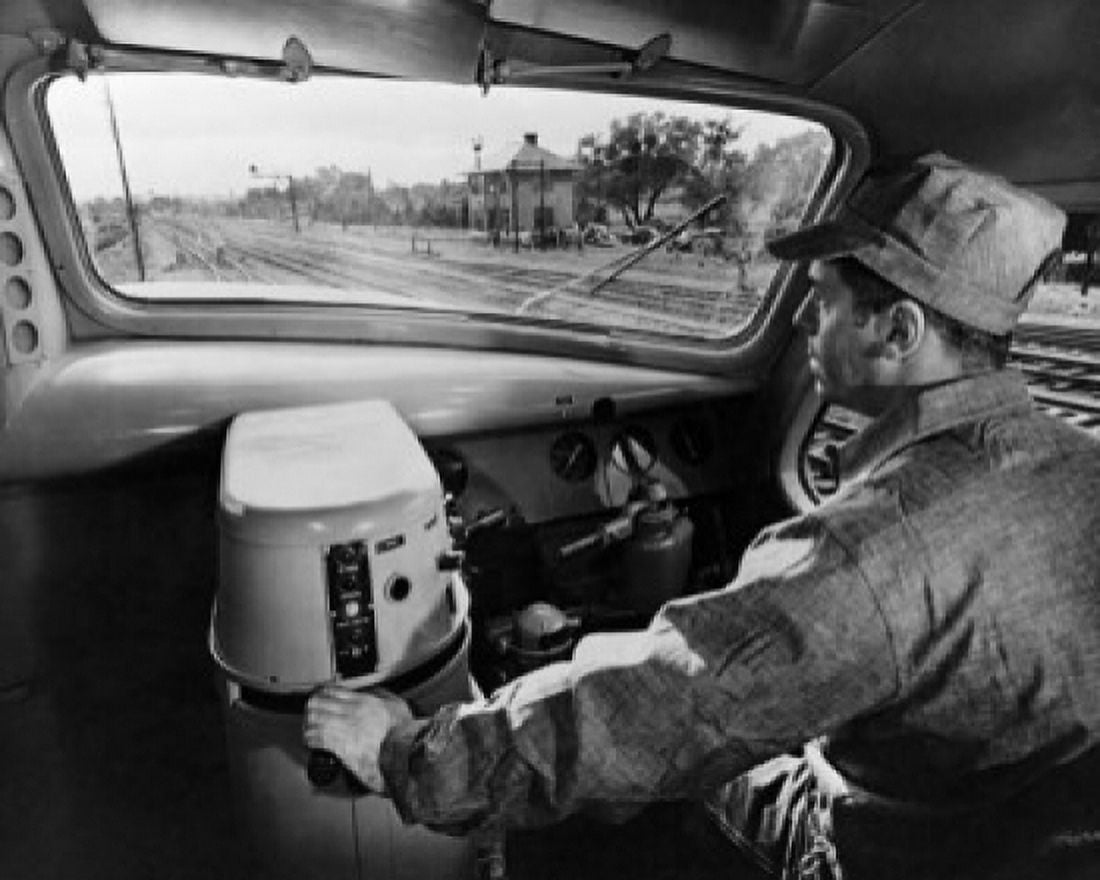 Rear view of a driver in a train engine Canvas Art - (24 x 36)