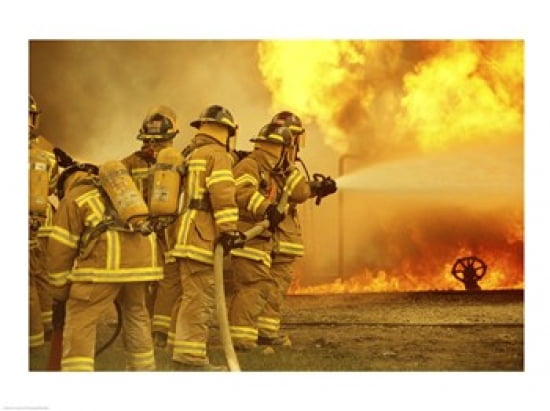 Rear view of a group of firefighters extinguishing a fire Canvas Art -  (24 x 18)