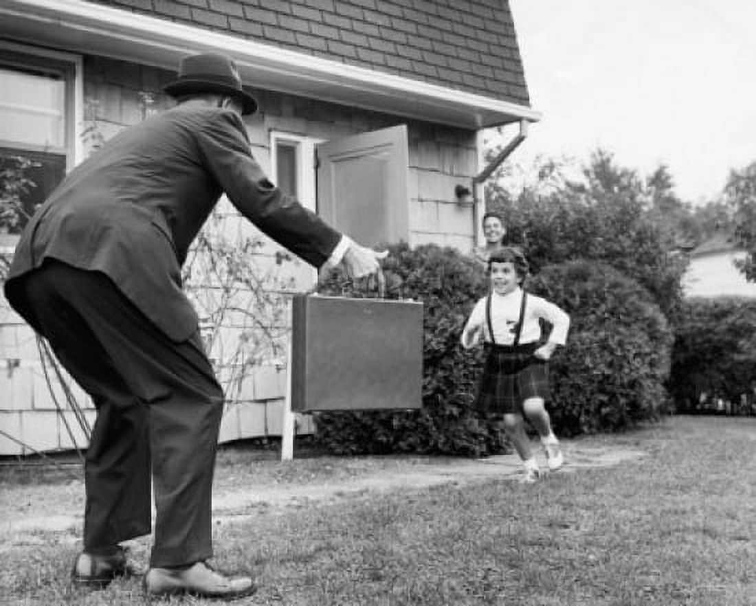 Rear view of a man standing and his daughter running towards him Canvas Art - (18 x 24)