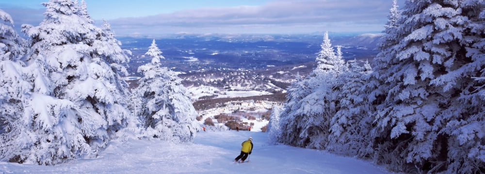 Rear view of a person skiing Stratton Mountain Resort Stratton Windham County Vermont USA Canvas Art - Panoramic Images (27 x 9)