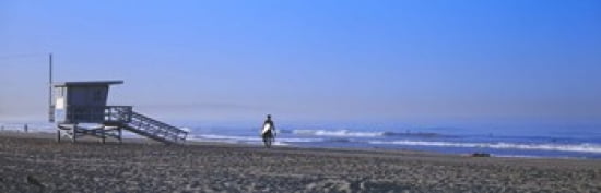 Rear view of a surfer on the beach Santa Monica Los Angeles County California USA Canvas Art - Panoramic Images (36 x 12)