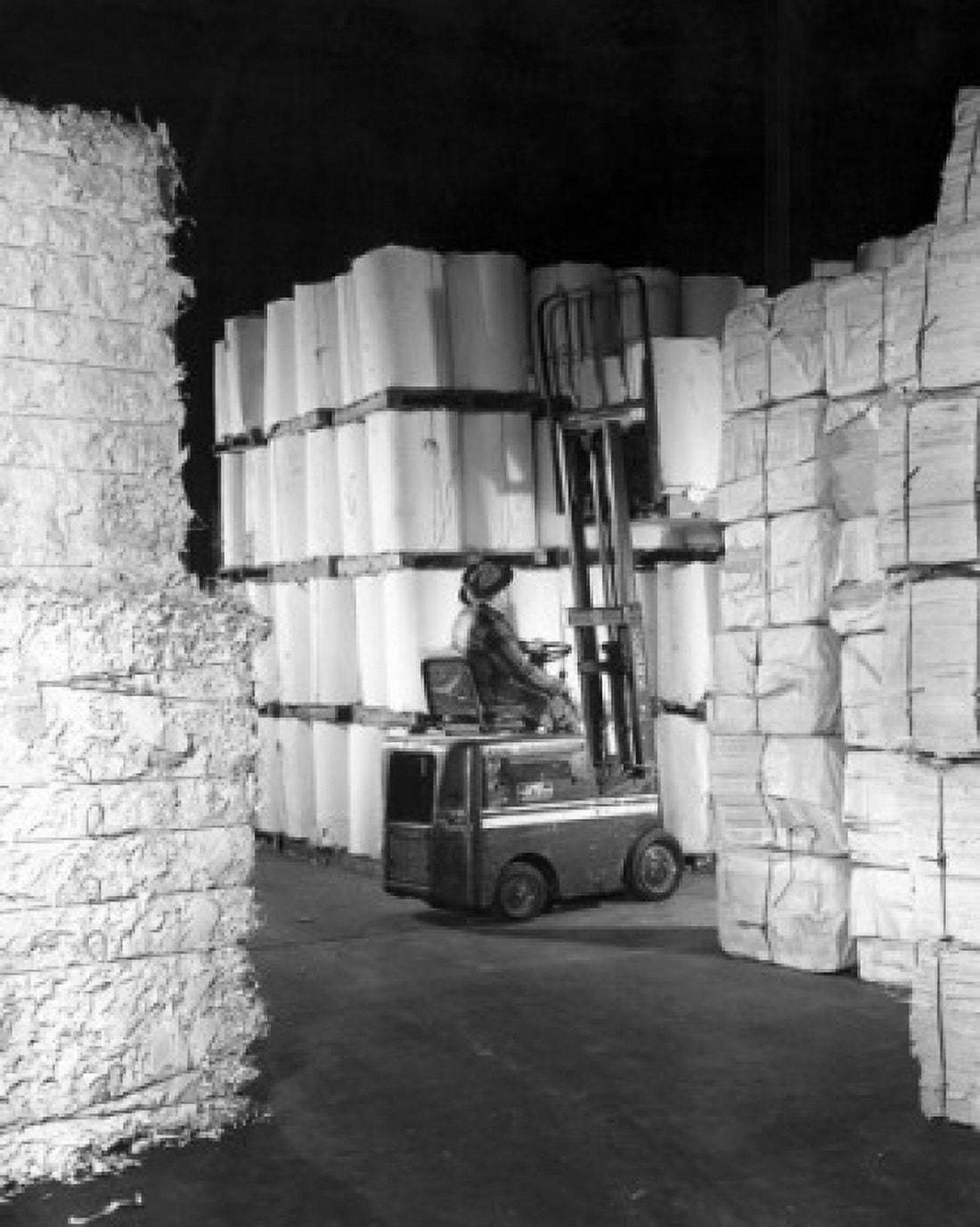 Rear view of a worker driving a forklift in a paper warehouse Canvas Art - (18 x 24)