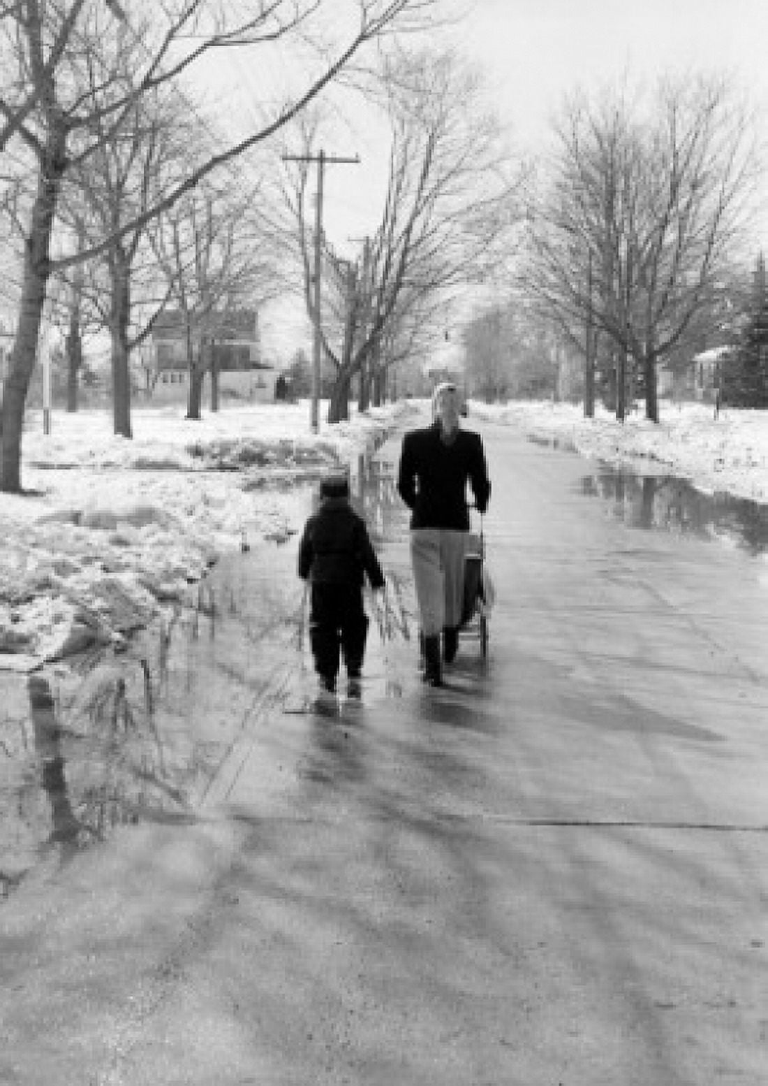 Rear view of boy and woman pushing pram in street Canvas Art - (24 x 36)