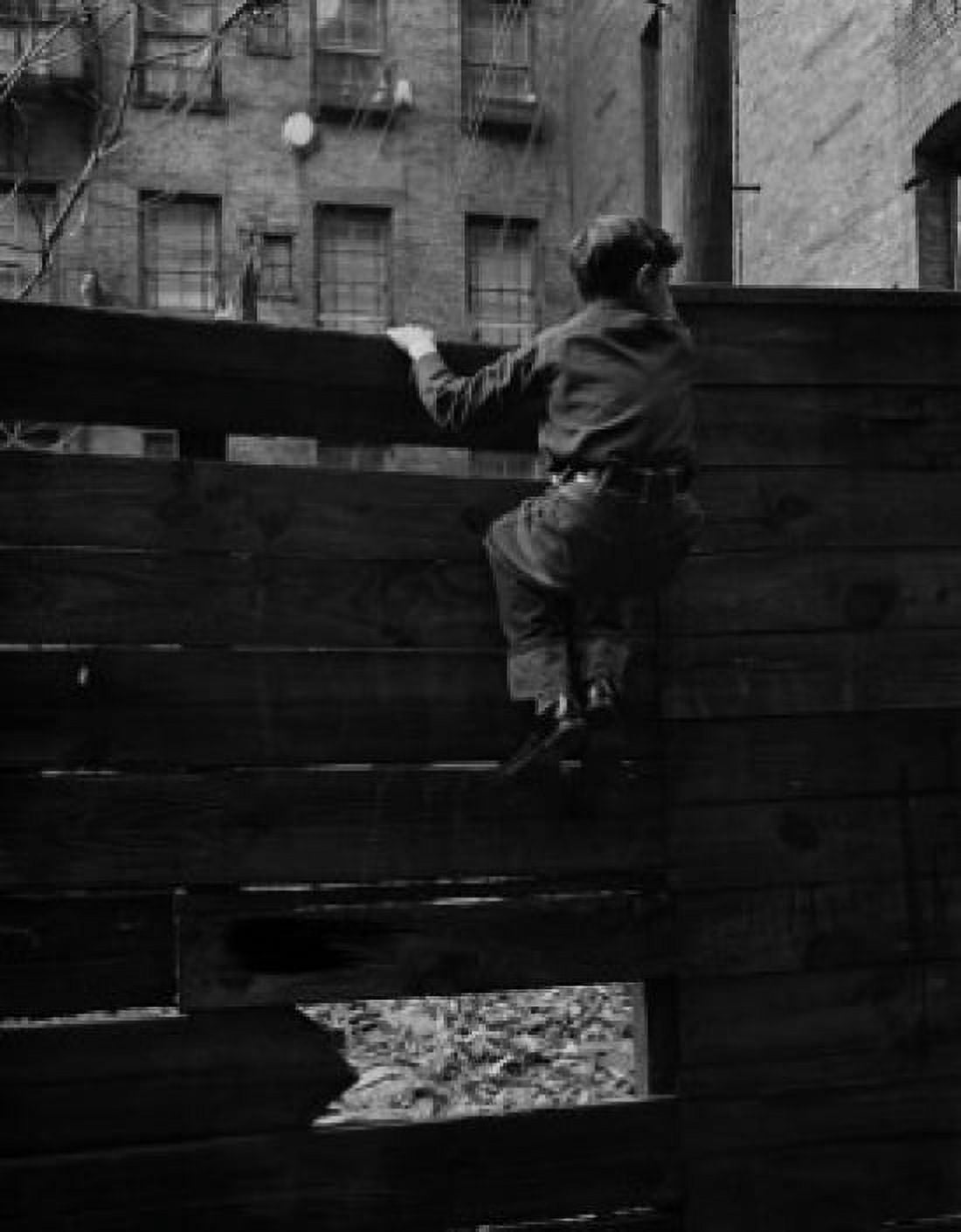 Rear view of boy climbing over fence Canvas Art - (24 x 36)