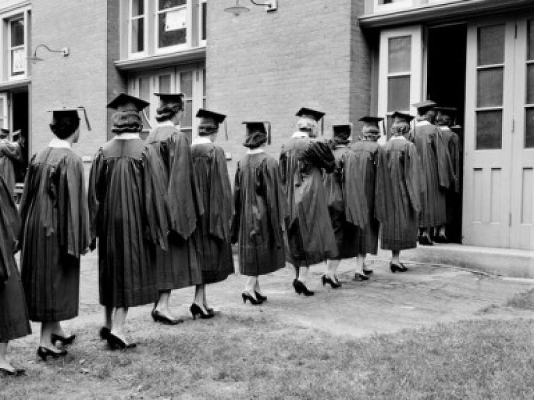 Rear view of female students dressed in graduation gowns standing in a row Canvas Art - (24 x 36)