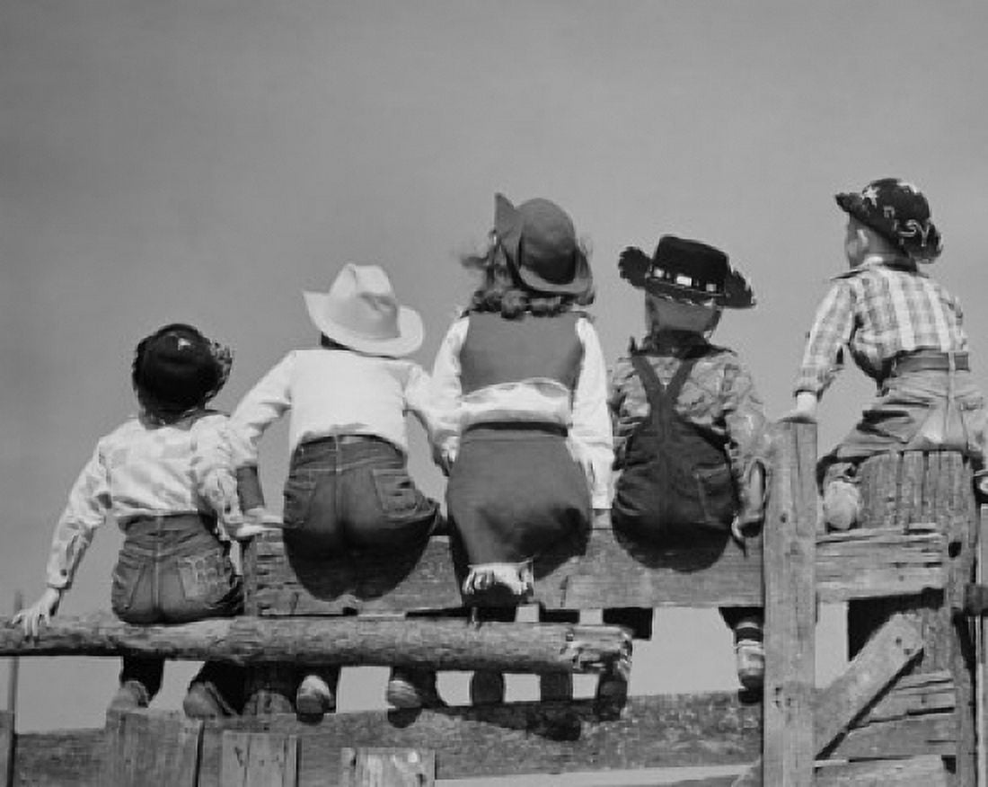 Rear view of five children sitting on a wooden fence Canvas Art - (24 x 36)