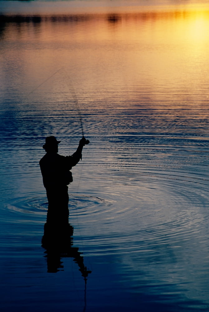 Rear view of fly-fisherman silhouetted by sunrise Mauthe Lake Kettle Moraine State Forest Wisconsin USA Canvas Art - Panoramic Images (36 x 12)