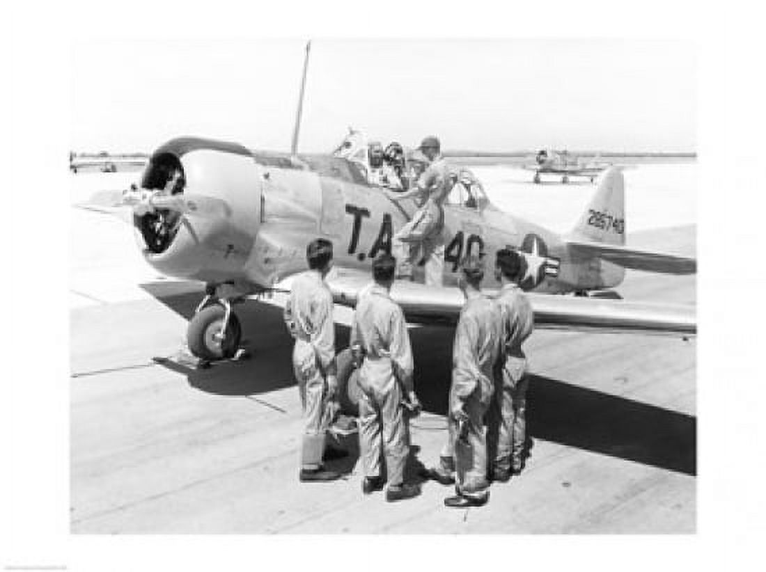 Rear view of four soldiers standing near a fighter plane T-6 Texan Canvas Art - (24 x 18)