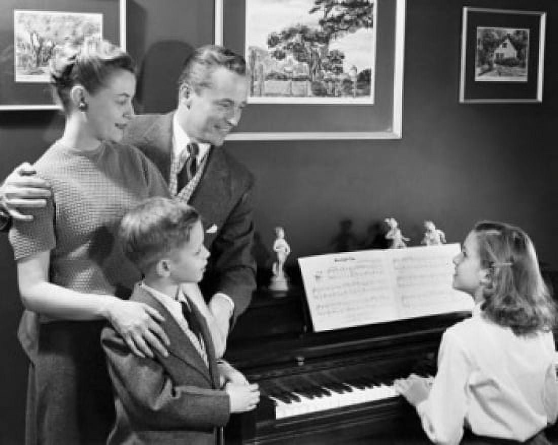 Rear view of girl playing piano with family with another kid watching Canvas Art - (18 x 24)