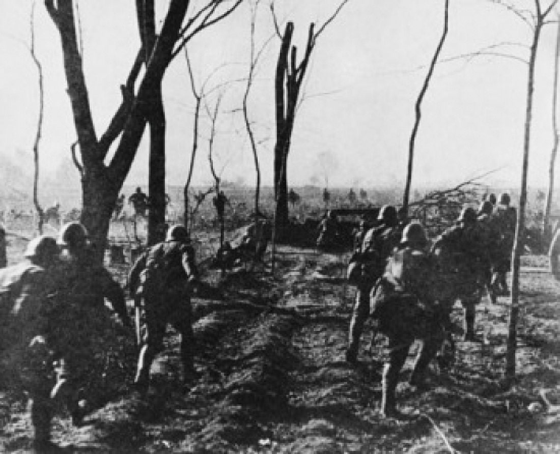 Rear view of soldiers of the Japanese military walking in a barren landscape Manchuria China 1932 Canvas Art - (24 x 36)