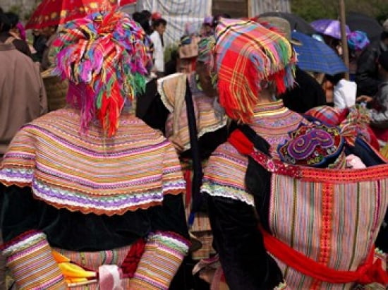 Rear view of two Flower Hmong women at a market Bac Ha Sunday Market Lao Cai Province Vietnam Canvas Art - Panoramic Images (36 x 28)