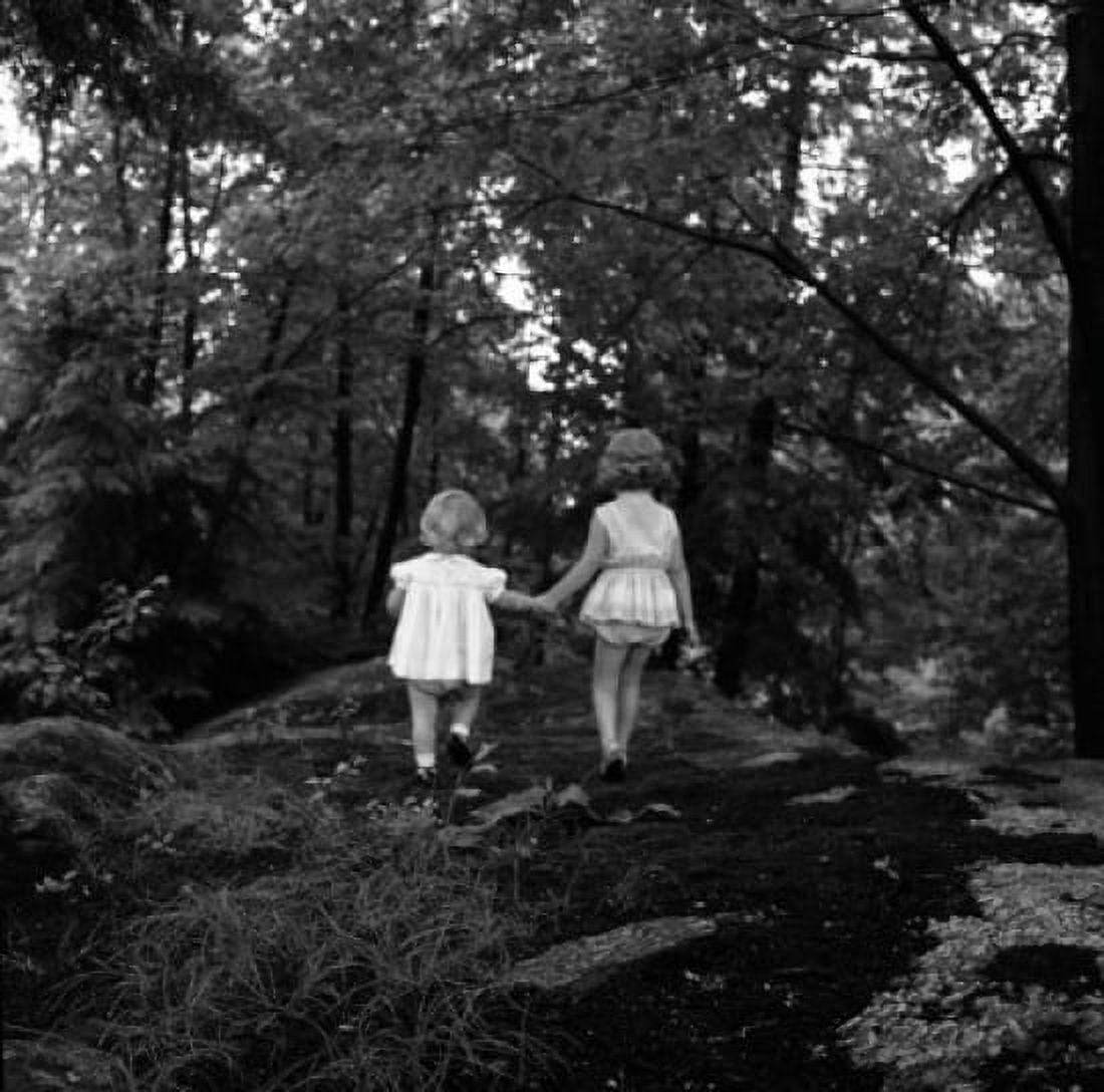 Rear view of two small girls walking in forest Canvas Art - (18 x 24)