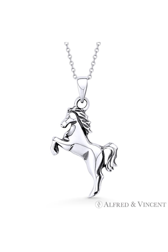 Rearing Horse Animal Charm Pendant & Cable Chain Necklace in Oxidized .925 Sterling Silver
